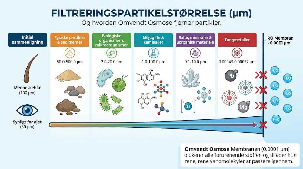 Et infografik-diagram der viser, hvor små partikler, urenheder og miljøgifte et omvendt osmose anlæg fjerner fra drikkevandet på molekylærniveau.