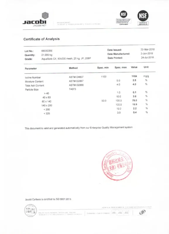 Jacobi kulfilterprodukts certifikat for analyse fra NSF
