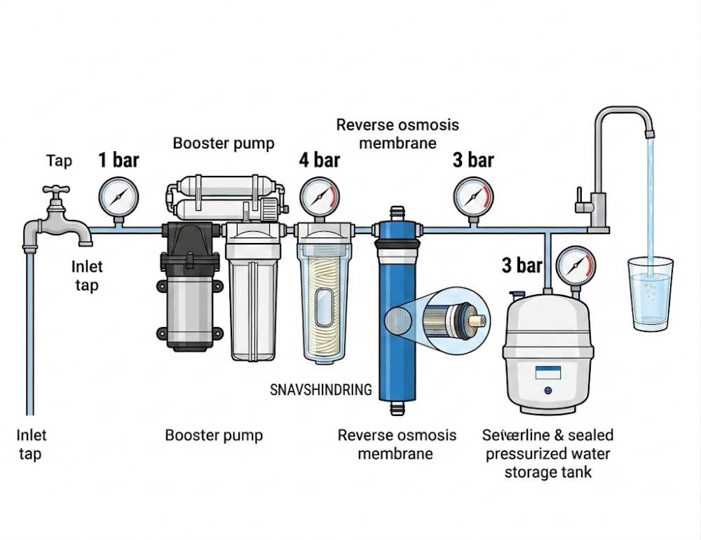 Infografik af en boosterpumpe til et omvendt osmoseanlæg, der viser det hydrauliske tryk stige fra 1 bar til 4 bar før membranen og filteret