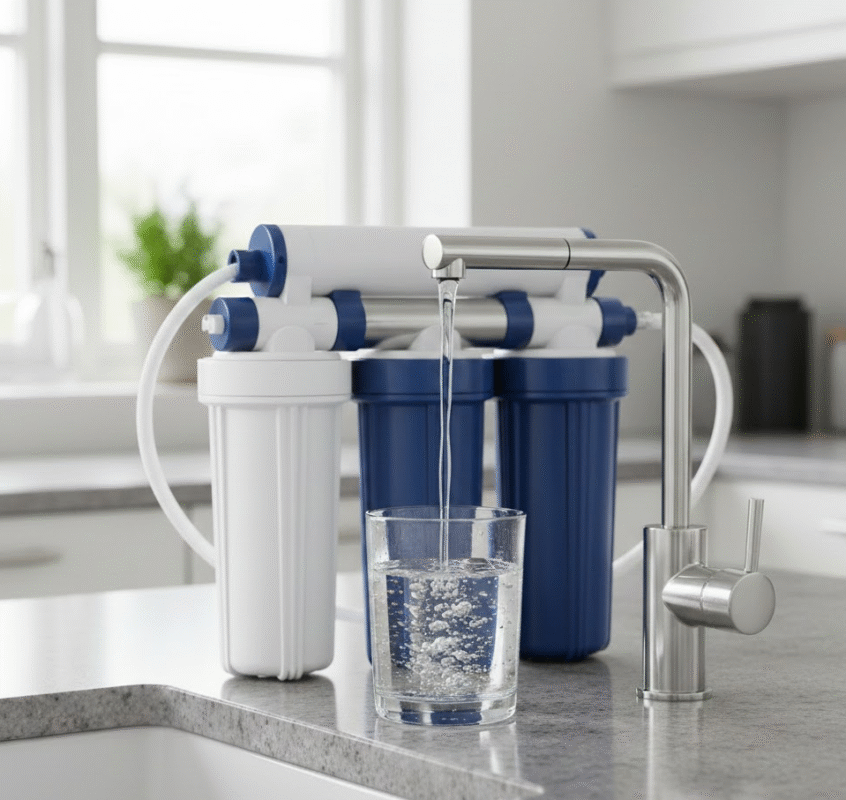 Omvendt osmose anlæg med filter og hane, fylder et glas rent vand
