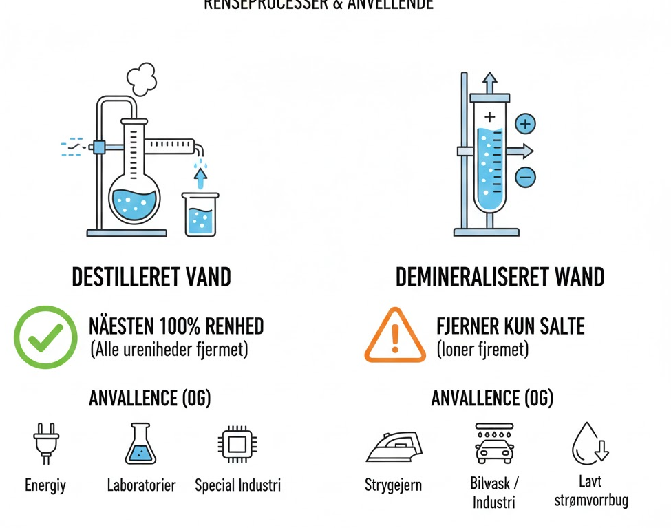 Illustration af destilleret vand, demineraliseret vand og deres anvendelser.