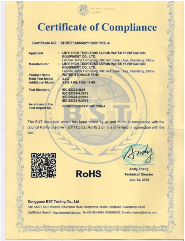 RoHS certifikat for Water Storage Tank fra BST Testing Co. Ltd.