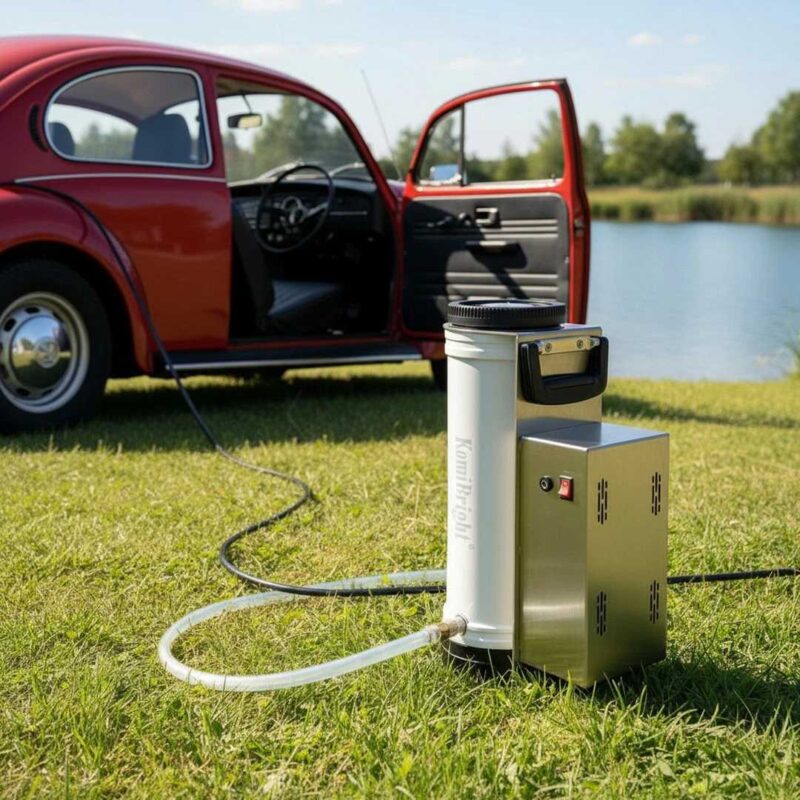 Aqua Peak 190 transportabel omvendt osmose anlæg tilsluttet bilens 12V stik, vist i brug ved en bil for nem vandforsyning på farten og camping.
