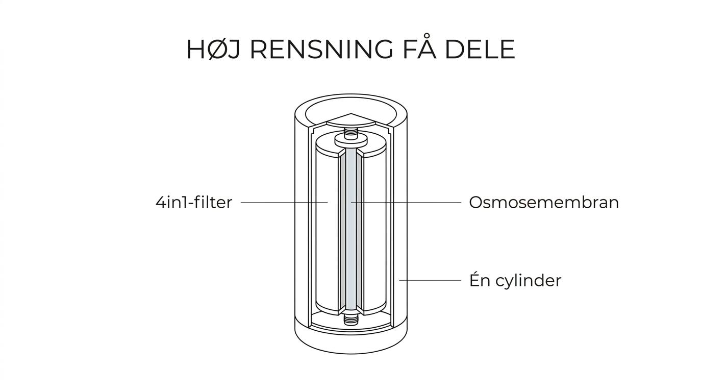 En teknisk tegning og detaljeret illustration af Aqua Peak 190 omvendt osmoseanlæg.