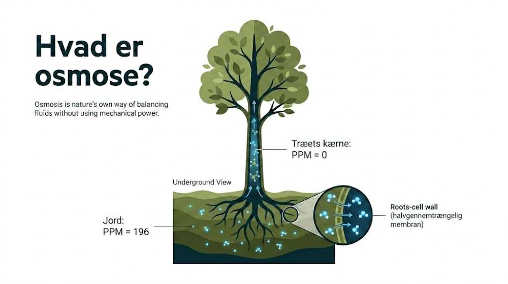 Et infografik-diagram der forklarer fænomenet osmose ved hjælp af et træ, hvor mineraler i jorden måler 196 PPM, og vandet i træets kerne måler 0 PPM.