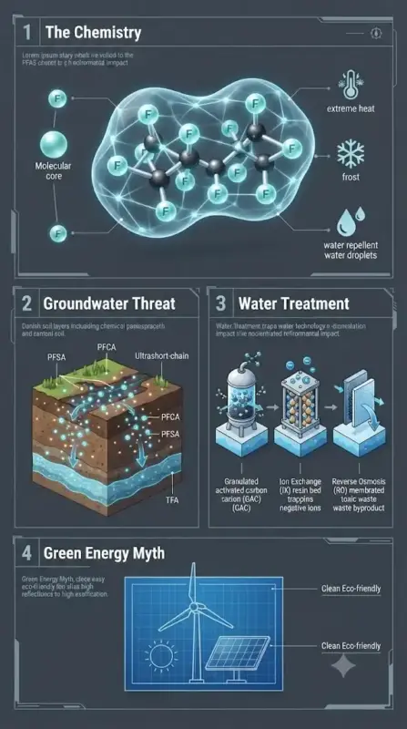 Videnskabelig infografik om PFAS-kemi, grundvandsforurening i danske jordlag, vandrensningsteknologier som GAC og RO samt PFAS i grøn energi.