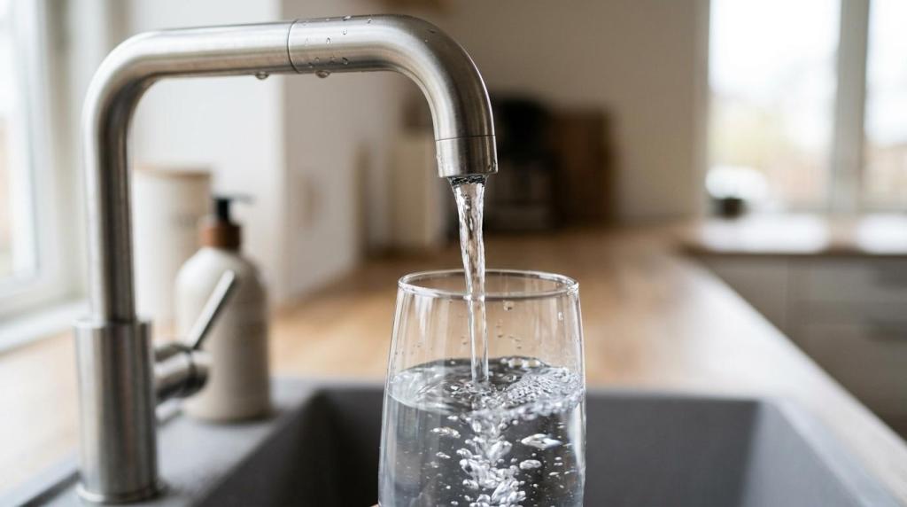 Et klart glas med helt rent drikkevand, der fyldes direkte fra en moderne vandhane i et køkken.