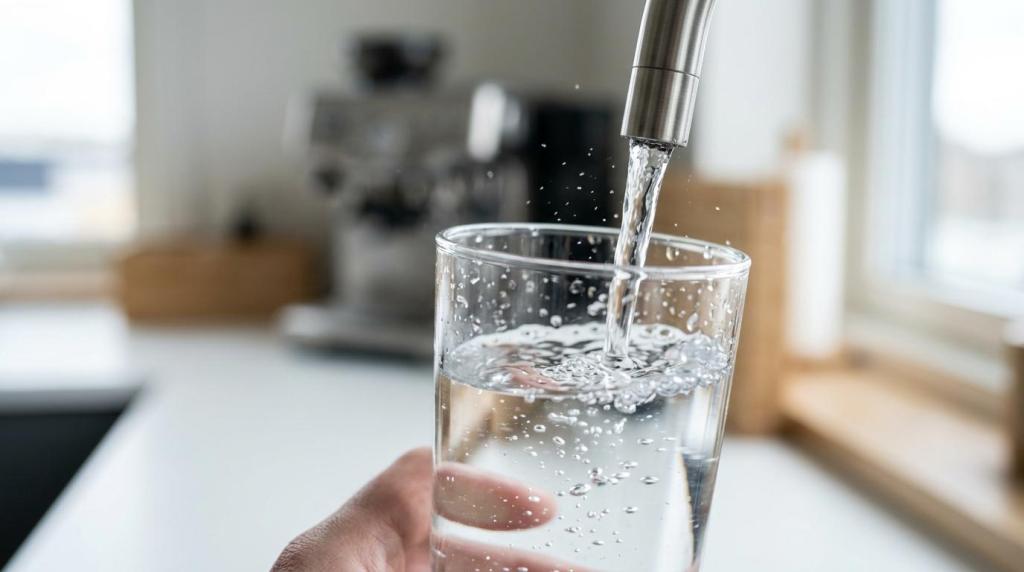 Medarbejdere der henter rent drikkevand fra et professionelt WaterNordic vandfilter på en arbejdsplads.